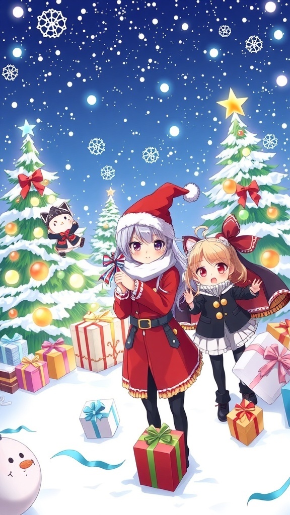 Christmas-themed wallpaper featuring Jujutsu Kaisen characters in a snowy landscape with festive decorations.